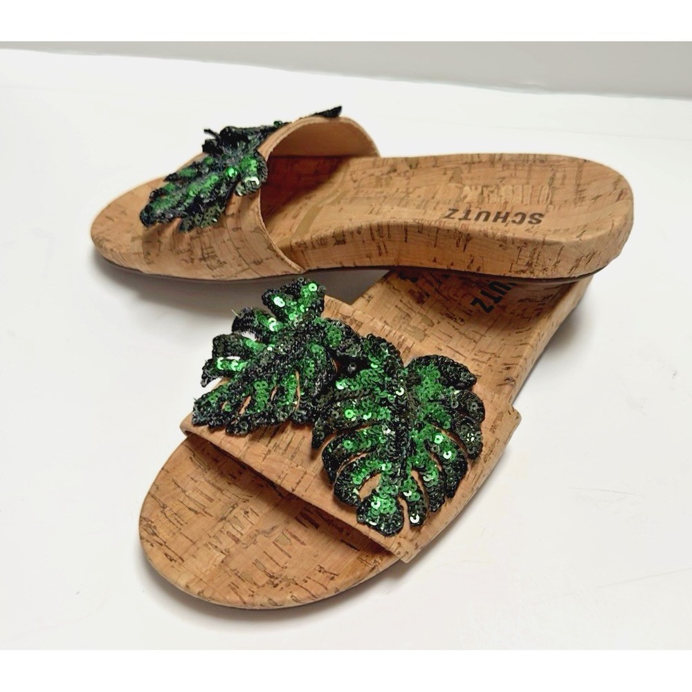 NEW SCHUTZ Thayna Kork Sequin Palm Leaf Slides Sandals Comfort Shoes 6.5B